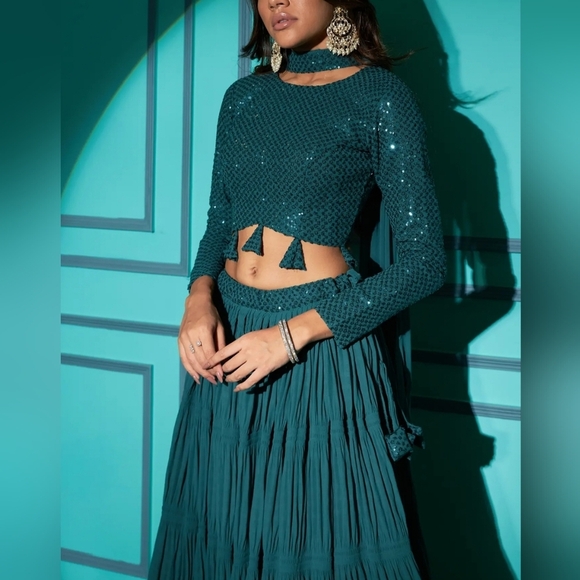 Georgette Pletting Pattern Lehenga Choli with Sequins-Thread Embroidered Green - Picture 2 of 7